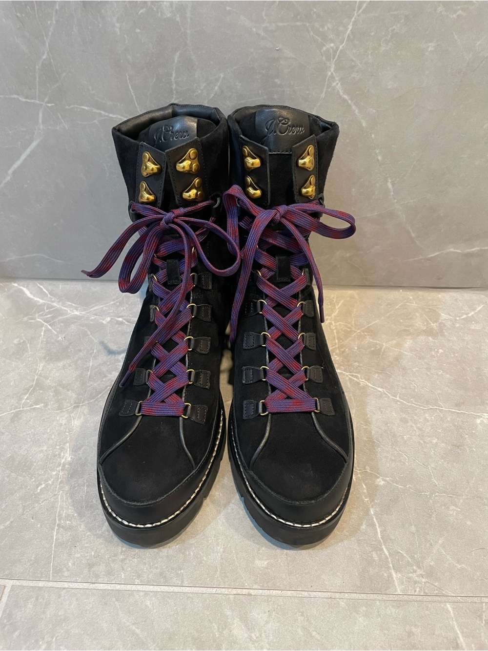 J. Crew Elsa Black Women's Lace-Up Boots with Purple Accent Laces Size 8